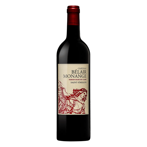 Château Belair-Monange Saint-Émilion Red Wine bottle with red topper and white label showing angel drawing