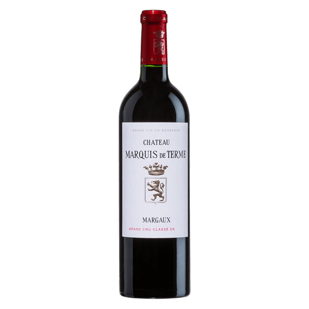 Chateau Marquis de Terme Red Wine bottle with Red topper and minimal white label showing coat of arms