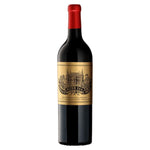 Chateau Palmer Alter Ego, Red wine bottle with red topper and brilliant gold label showing black outline sketch of chateaux