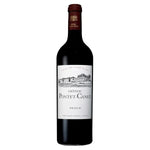 Château Pontet Canet Rouge, Red wine bottle with maroon topper and white label showing chateaux sketch