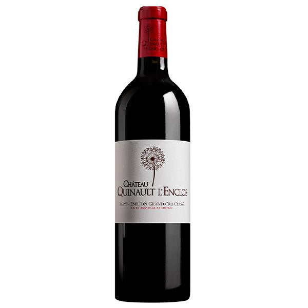 Château Quinault l'Enclos Rouge, Red wine bottle with red topper and white label showing dandelion sketch