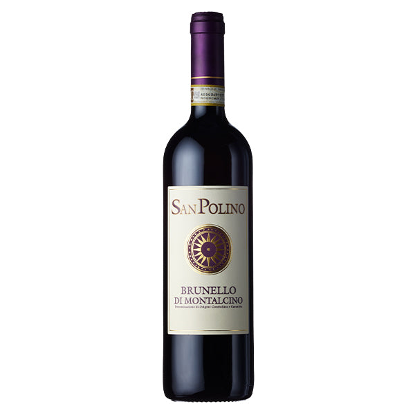 San Polino Rosso di Montalcino Red wine bottle with purple topper and white label with gold embossed detailing