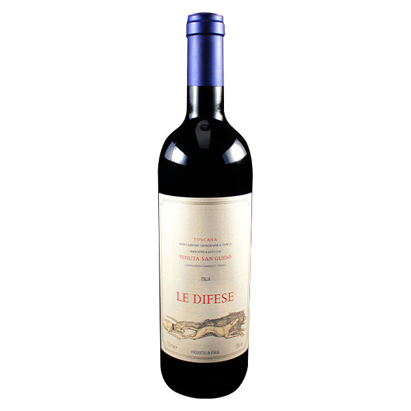 Tenuta San Guido Le Difese Red Wine bottle with blue topper and white label with sketch